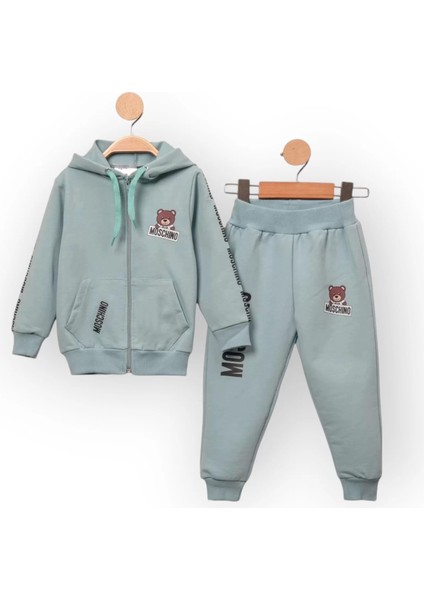 Baby Marka Baskılı Moşino Desen Kapşonlu Fermuarlı Ikili Takım Unisex 1-5 Yaş