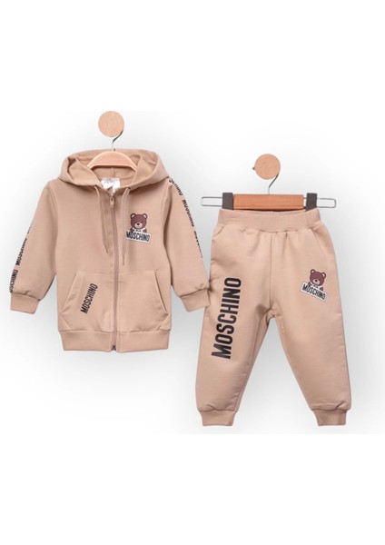 Baby Marka Baskılı Moşino Desen Kapşonlu Fermuarlı Ikili Takım Unisex 1-5 Yaş