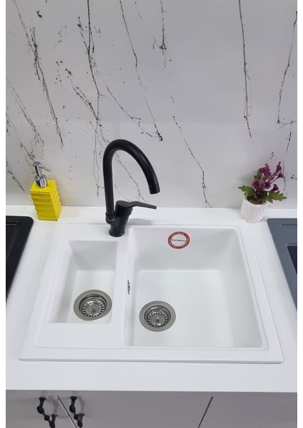 1,5 Gözlü- BEYAZ RENK - 60X50 cm Granit Eviye