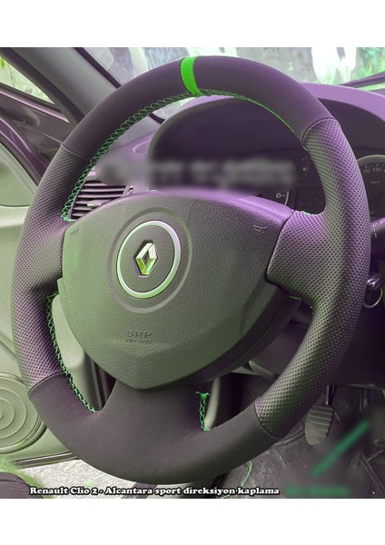 Clio 2 Araca Özel Direksiyon Kılıfı (Noktalı Nubuk Yeşil Yüzüklü)