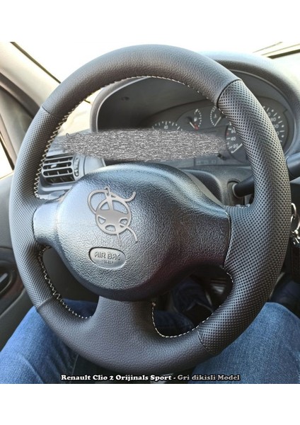 Clio 2 Araca Özel Deri Direksiyon Kılıfı ( Noktalı Düz Gri Dikişli)