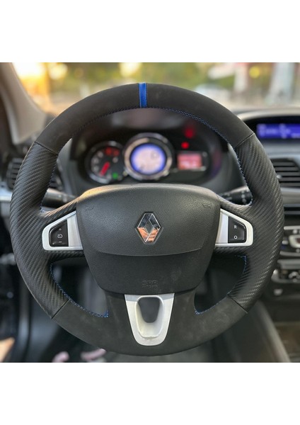 Fluence Araca Özel Direksiyon Kılıfı (Karbon Alcantra Mavi Yüzük)