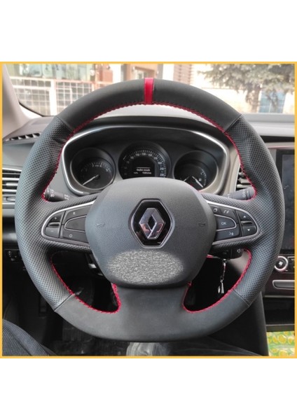 Megane 4 Araca Özel Direksiyon Kılıfı (Noktalı Nubuk Kırmızı Yüzüklü)