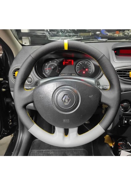 Clio 3 Araca Özel Direksiyon Kılıfı (Düz Gri Sarı Yüzüklü)