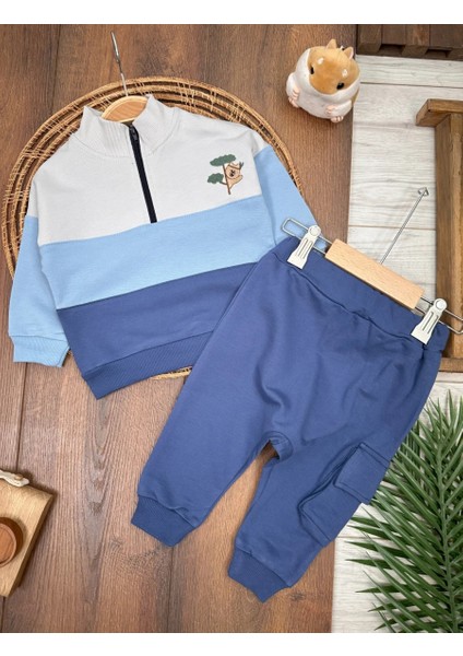 Yarım Fermuarlı Kampçı Ayıcık Nakışlı Bermuda Cepli Mevsimlik 2li Erkek Bebek Takım