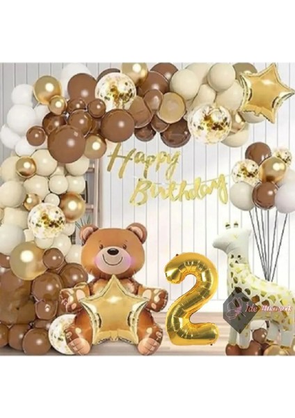 Hayvan Temalı Folyo Balonlu Kahverengi 2 Yaş Doğum Günü Parti Seti Balon Seti