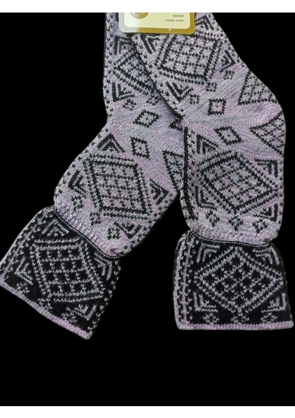 Çorap patik kışlık yünlü orlon akrilik karışım motifli desenli mor/siyah standart beden yetişkin unisex ÇP3-2