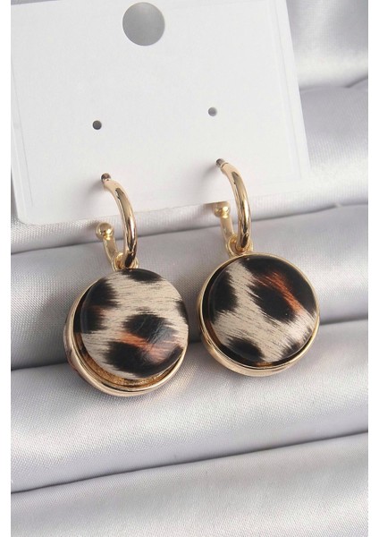 Pirinç Gold Renk Leopar Desenli Daire Model Kadın Küpe