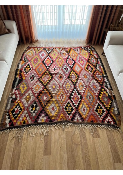 183X200 cm Siyah ve Sarı Renkli Geometrik Desenli Kilim, El Dokuma Vintage Kilim, Modern Bohem Ev Dekoru