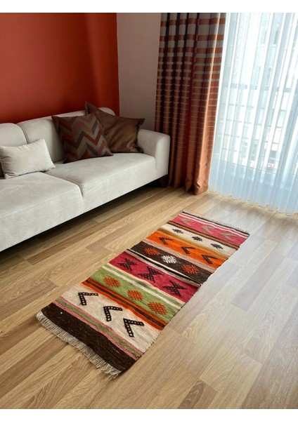 60 x 152 cm Turuncu Kahverengi Türk Kilim, El Dokuma Yün Kilim, Pıtrak Motifi ve Çizgili Desen, Vintage Bohem Kilim fiyatları