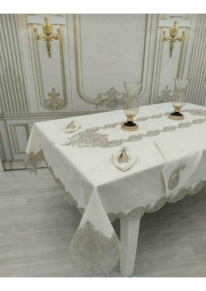 Zeynoceyiz (26 Parça) Gardenya Keten Sofra Takımı Gümüş Dantel