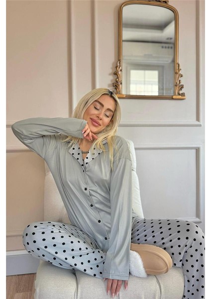 Gri Points Desenli Bambu Önden Düğmeli Uzun Kol Kadın Pijama Takımı