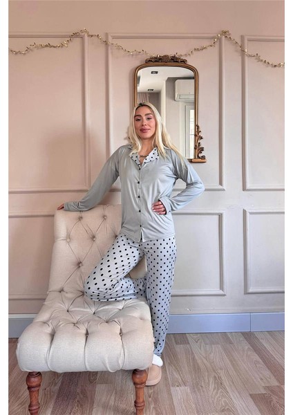 Gri Points Desenli Bambu Önden Düğmeli Uzun Kol Kadın Pijama Takımı