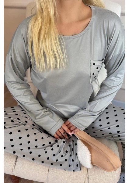 Gri Puan Desenli Bambu Uzun Kol Kadın Pijama Takımı