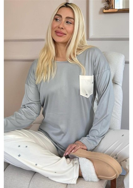 Krem Yıldız Desenli Bambu Uzun Kol Kadın Pijama Takımı