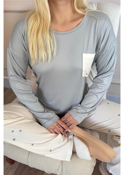 Krem Yıldız Desenli Bambu Uzun Kol Kadın Pijama Takımı
