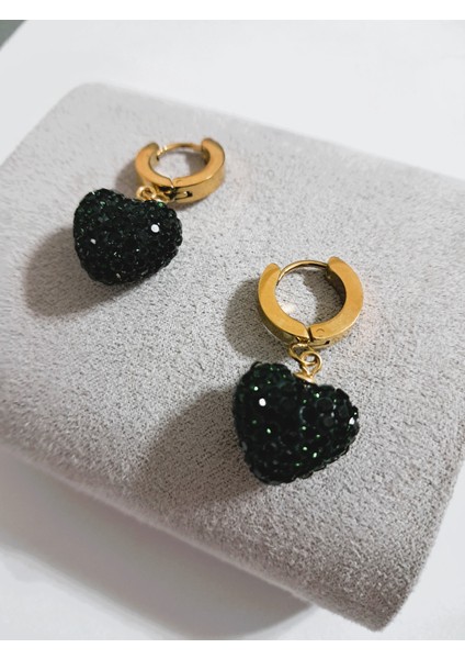 Badelis Zümrüt Yeşili Kalp Detaylı Parıltılı Çelik Küpe modelleri