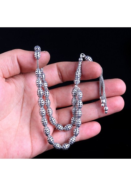 Tamamı 925 Ayar Gümüş Arpa Kesim Fizyon Örgü Model Tesbih