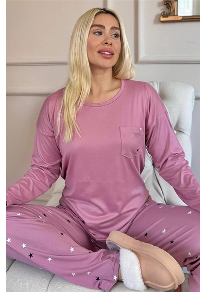 Pudra Yıldız Desenli Bambu Uzun Kol Kadın Pijama Takımı