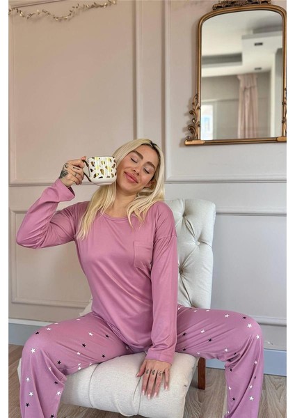 Pudra Yıldız Desenli Bambu Uzun Kol Kadın Pijama Takımı fiyatları