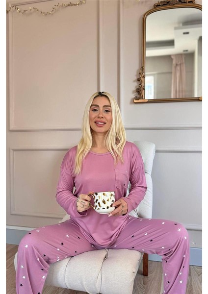 Pudra Yıldız Desenli Bambu Uzun Kol Kadın Pijama Takımı modelleri