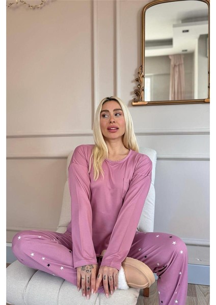 Pudra Yıldız Desenli Bambu Uzun Kol Kadın Pijama Takımı fırsatları