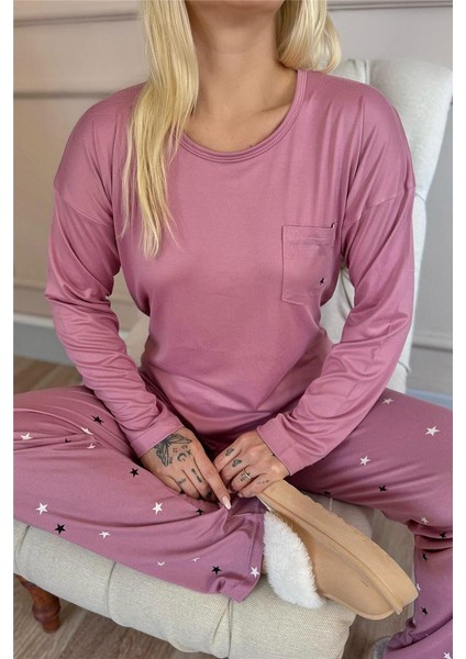Pudra Yıldız Desenli Bambu Uzun Kol Kadın Pijama Takımı indirimleri
