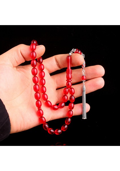925 Ayar Gümüş Mineli Püsküllü Kırmızı Renk Ateş Kehribar Tesbih