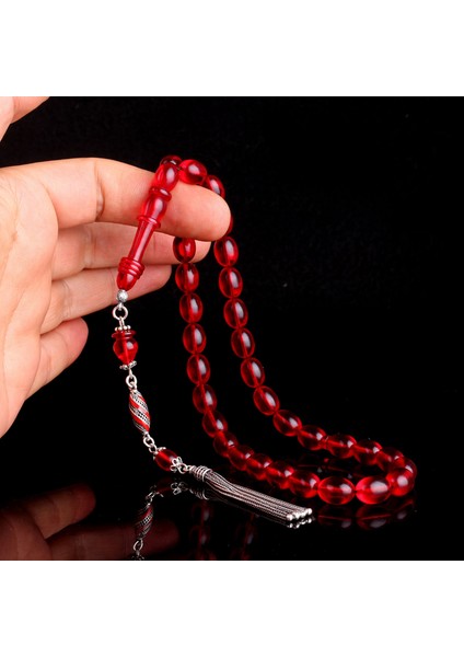 925 Ayar Gümüş Mineli Püsküllü Kırmızı Renk Ateş Kehribar Tesbih fiyatları