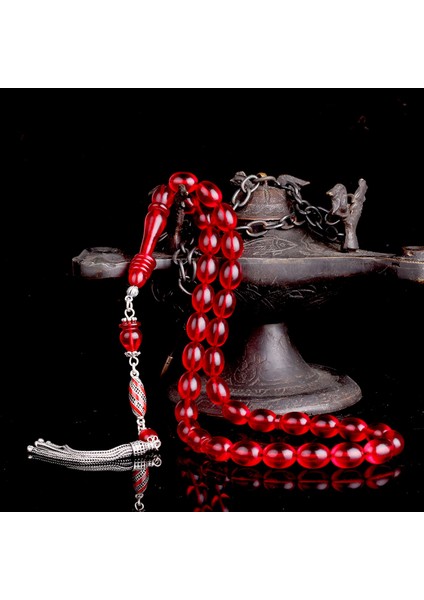 925 Ayar Gümüş Mineli Püsküllü Kırmızı Renk Ateş Kehribar Tesbih modelleri
