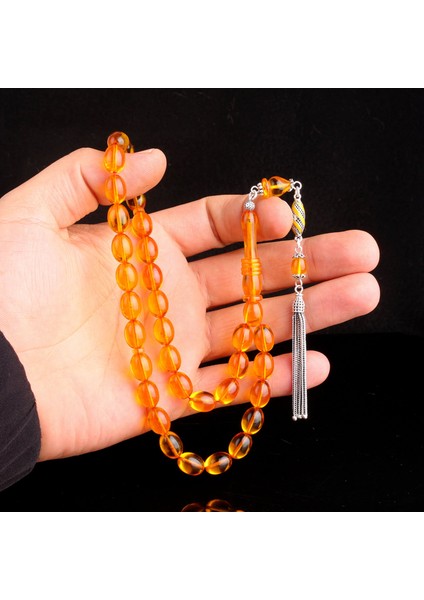 925 Ayar Gümüş Mineli Püsküllü Sarı Renk Ateş Kehribar Tesbih