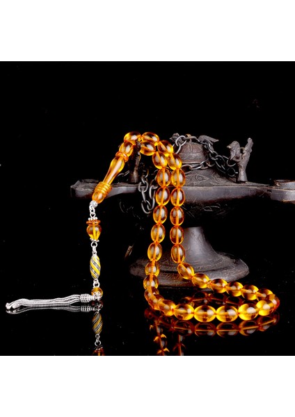 925 Ayar Gümüş Mineli Püsküllü Sarı Renk Ateş Kehribar Tesbih modelleri