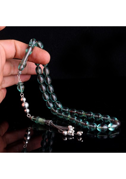 925 Ayar Gümüş Mineli Püsküllü Su Yeşili Ateş Kehribar Tesbih fiyatları