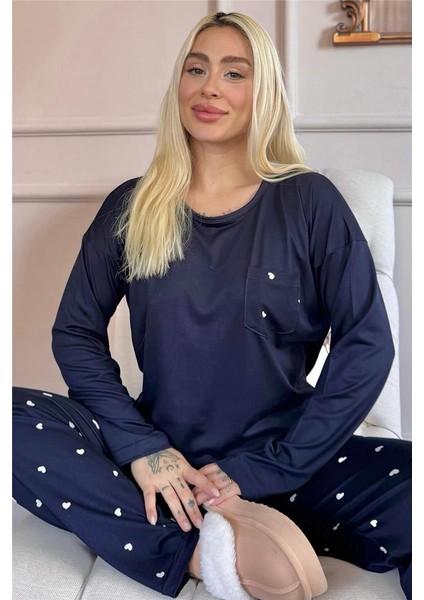 Lacivert Kalp Desenli Bambu Uzun Kol Kadın Pijama Takımı