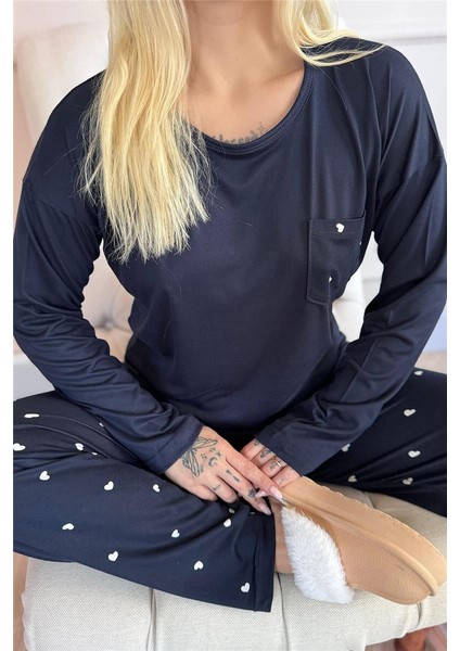 Lacivert Kalp Desenli Bambu Uzun Kol Kadın Pijama Takımı indirimleri