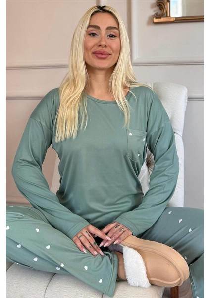 Yeşil Kalp Desenli Bambu Uzun Kol Kadın Pijama Takımı