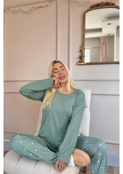 Yeşil Kalp Desenli Bambu Uzun Kol Kadın Pijama Takımı fiyatları