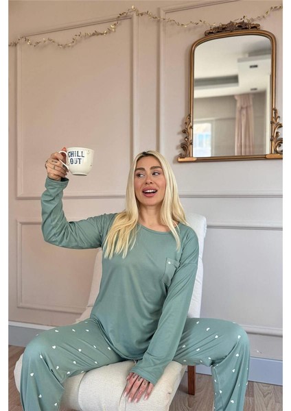 Yeşil Kalp Desenli Bambu Uzun Kol Kadın Pijama Takımı modelleri