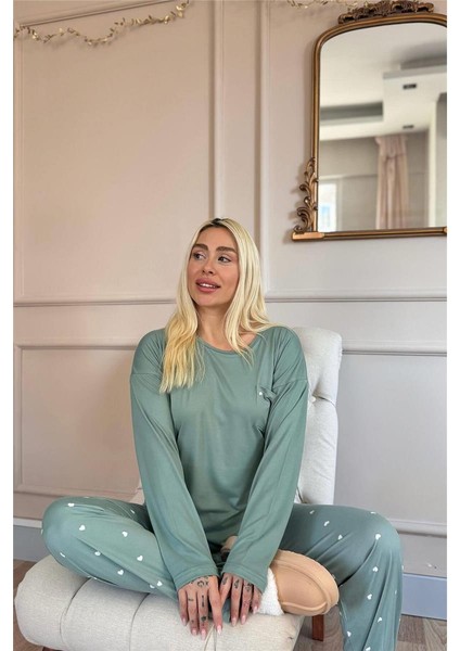 Yeşil Kalp Desenli Bambu Uzun Kol Kadın Pijama Takımı fırsatları