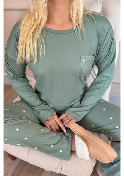 Yeşil Kalp Desenli Bambu Uzun Kol Kadın Pijama Takımı indirimleri