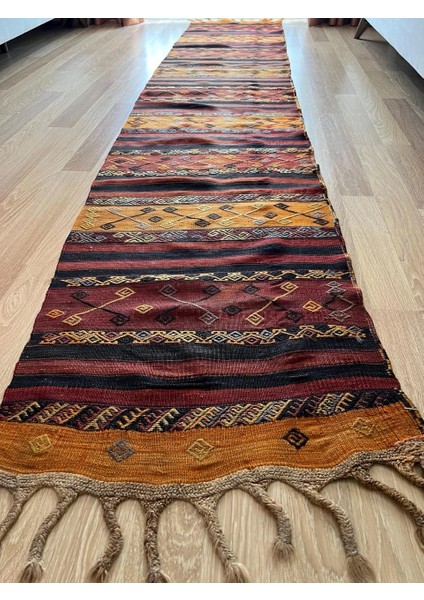66X377 cm Koyu Renkli Uzun Kilim, El Dokuma Vintage Yün Halı, Geleneksel Anadolu Koridor Halısı, Harika Desenli Yolluk