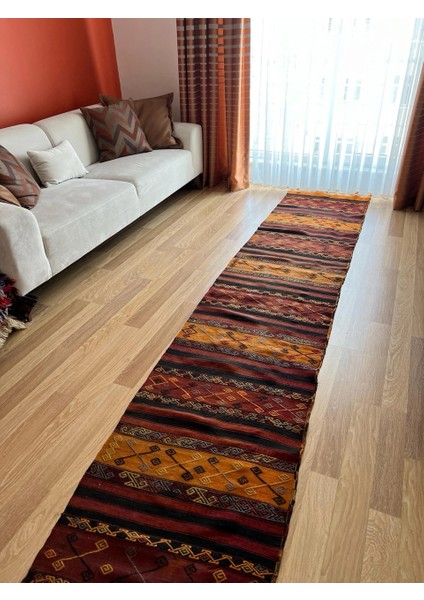66X377 cm Koyu Renkli Uzun Kilim, El Dokuma Vintage Yün Halı, Geleneksel Anadolu Koridor Halısı, Harika Desenli Yolluk fırsatları