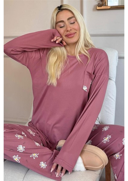 Pudra Papatya Desenli Bambu Uzun Kol Kadın Pijama Takımı