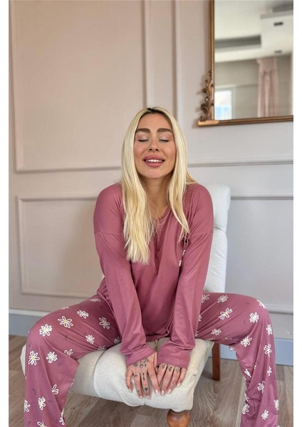Pudra Papatya Desenli Bambu Uzun Kol Kadın Pijama Takımı fiyatları