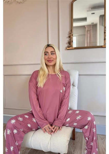 Pudra Papatya Desenli Bambu Uzun Kol Kadın Pijama Takımı fırsatları