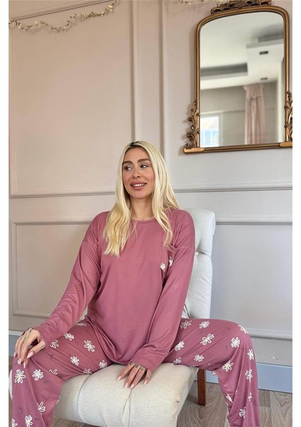 Pudra Papatya Desenli Bambu Uzun Kol Kadın Pijama Takımı indirimleri