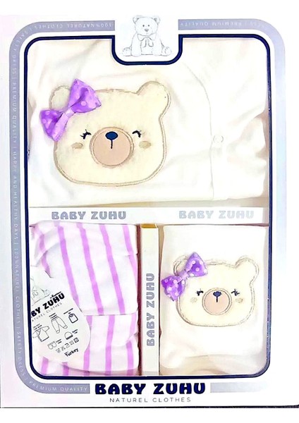 Esnek (Kutulu) Ayıcıklı Süzene Nakışlı Pamuklu Yenidoğan Kıyafetleri 5'li Hastane Çıkışı Zıbın