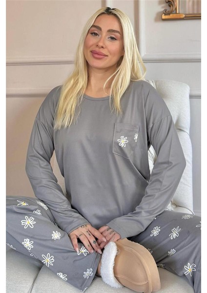 Gri Papatya Desenli Bambu Uzun Kol Kadın Pijama Takımı