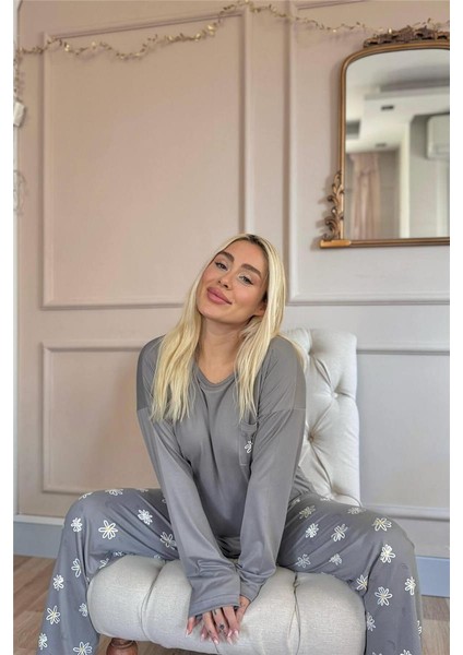 Gri Papatya Desenli Bambu Uzun Kol Kadın Pijama Takımı modelleri