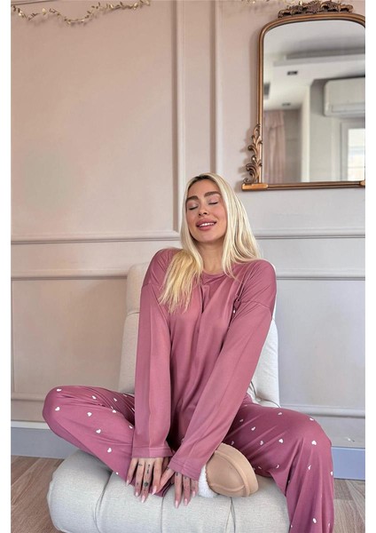 Pudra Kalp Desenli Bambu Uzun Kol Kadın Pijama Takımı